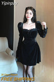 Yipinpay Vintage Balck Long Sleeve Dress Woman Elegant Fashion Velvet Midi Dress Korean Style Even Party Dress Casual 2023 Spring