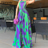 Yipinpay Women Elegant Sleeveless Round Neck Cami Leaf Pattern Sashes Straight  Leg Sexy Jumpsuit
