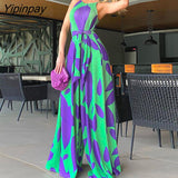 Yipinpay Women Elegant Sleeveless Round Neck Cami Leaf Pattern Sashes Straight  Leg Sexy Jumpsuit 920