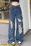 Yipinpay Streetwear Straight Pants Ladies Ripped Baggy Jeans High Waist Loose Wide Leg Pants Ladies High Street Denim Trouser