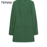 Yipinpay Elegant Autumn Women Mini Dresses 2023 Female Fashion O-neck Green Vestidos Long Sleeve Soft Pullovers