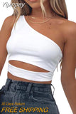 Yipinpay Women One Shoulder Tank Tops Summer Solid Collar Hollow Out Vest Slim Sleeveless Crop Tops Casual Female Streetwear Straps Tanks