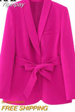 Yipinpay Fuschia Blazer Woman Set 2 Pieces Belt Long Sleeve Fashion Women's Spring Jackets 2023 Office Chic And Elegant Woman Jacket