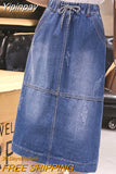 Yipinpay Vintage Denim Skirt Drawstring High Elastic Waist Pockets Streetwear Midi Jeans Skirts Women Oversized Split Bottoms