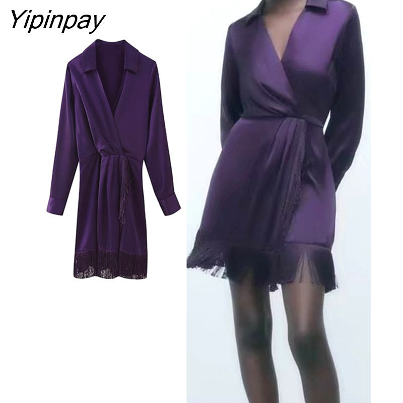 Yipinpay 2023 Women Mini Sexy Tassel Dresses Spring Summer Elegant Turn Down Collar Party Dress Long Sleeve Folds A-line Vestidos