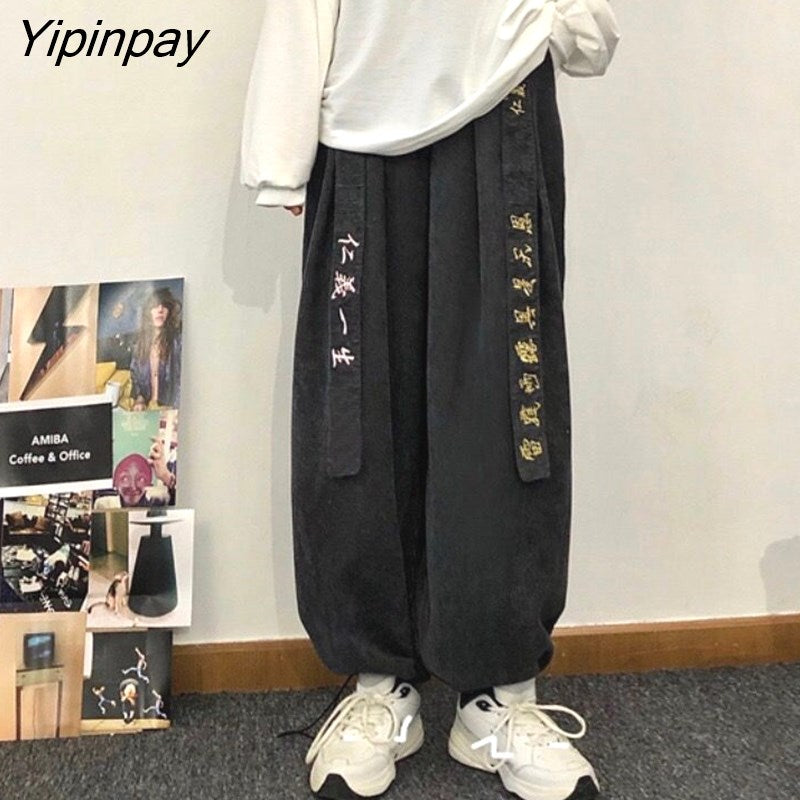 Yipinpay New Spring Women Pants Chinese Style Loose Casual Wide Leg Pants Chinese Embroidery Oversize Female Trousers Long Pants
