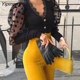 Yipinpay Women Chic Casual Dot Mesh Lantern Sleeve button Sexy Bodycon Black Bodysuits