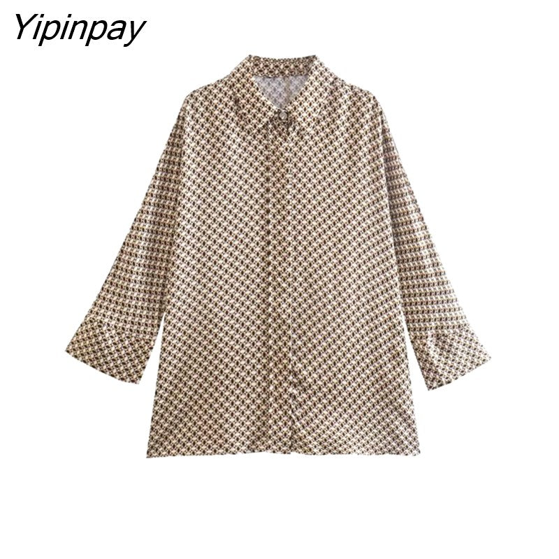 Yipinpay 2pcs Women Geometric Print Pant Shirt Sets 2023 Summer Long Sleeve Turn Down Collar Blouse+Wide Leg Trouser Causal Outwear