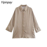 Yipinpay 2pcs Women Geometric Print Pant Shirt Sets 2023 Summer Long Sleeve Turn Down Collar Blouse+Wide Leg Trouser Causal Outwear