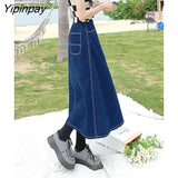 Yipinpay Summer Mid-length Denim Skirt Woman Pleated High Waist Thin A-line