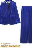 Yipinpay Blue Velvet Blazer Women Office Casual Blazer Woman Autumn Vintage Long Sleeve Jacket Women's Elegant Suit Pants And Jacket