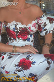 Yipinpay Women Short Sleeve Floral Print Lace Trim Midi Dress Bodycon Sexy Party Dress