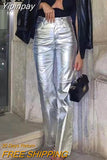 Yipinpay Faux Leather Pants Women High Waist Silver Wide Pants Female Fashion Casual Baggy Pants Y2k Streetwear Woman Trousers