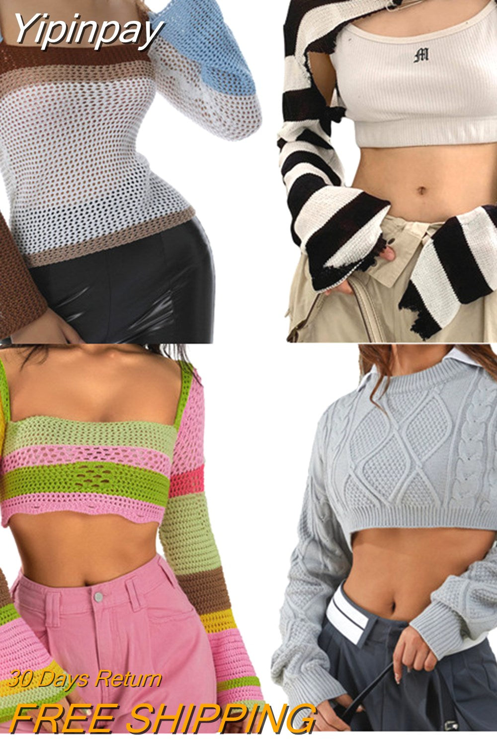 Yipinpay Women Rainbow Sweaters Hollow Out Sexy Crop Tops Fall Winter y2k Clothes Multi Color Square Collar Long Sleeve Tops Streetwear