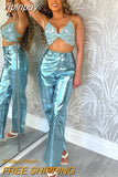 Yipinpay Women Metallic Straight-Leg PU Pants Sexy ZA Sparkling High Waist Trousers Streetwear Clubwear Costumes 2023 Spring Fall