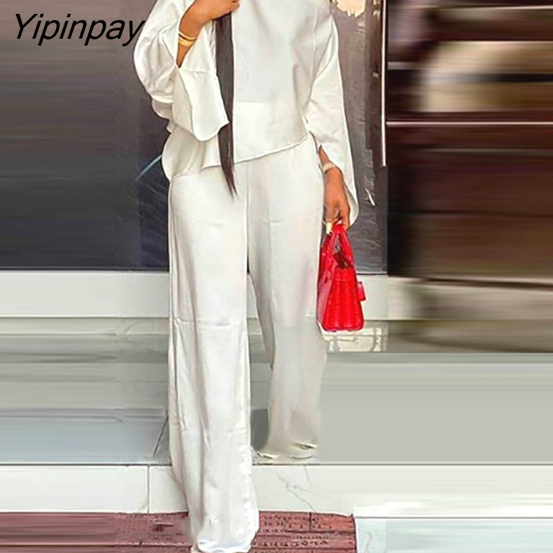 Yipinpay Women Solid Asymmetrical Flared Sleeves One Shoulder  Wide Leg White Pants sets