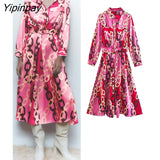 Yipinpay Women Fashion Chain Print Dresses With Belt 2023 Female Elegant Turn Down Collar Dresses Long Sleeve Soft Vestidos