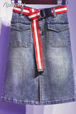 Yipinpay Mid-length Denim Skirt Women Half-length Skirt Female Plus Size 90 KG New Embroidered Flower Casual Skirt A-line