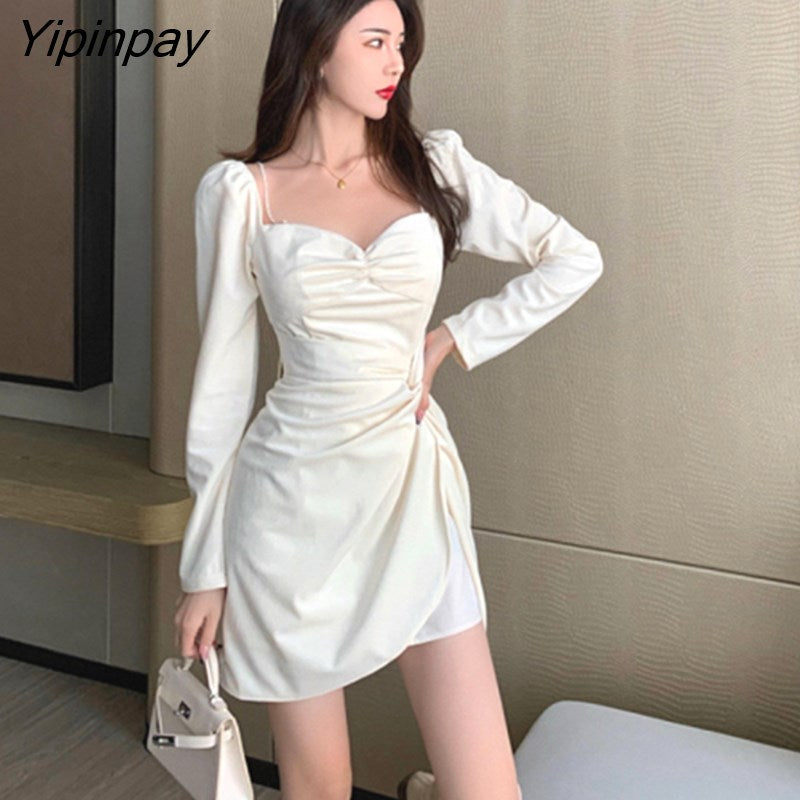 Yipinpay New Black Dress Women Elegant Sweet Split Mini Dress Female High Street Casual Bandage Designer Korean Party Dress