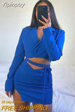 Yipinpay Fall 2023 Two Piece Cropped Blazer Skirt Set 2 Piece Sets Womens Outfit Skirt Femme Button Notched Lace Up Matching Set