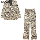 Yipinpay New 2023 Spring Women Leopard Print Blazer Suits Office Outfits Zebra Stripes Jacket+Pant Long Sleeve Fashion Outwear