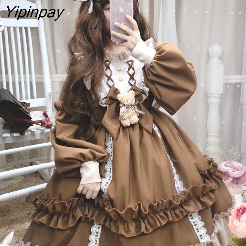 Yipinpay HOT Sweet Girl Lolita Dress Women Vintage Patchwork Dress Cute Female Cosplay Little Party Dress