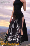 Yipinpay Womens High Split Dress Gothic Style Sleeveless Long Dress Turtleneck Vintage Ladies Sheath Club Long Dress Sundress Hot