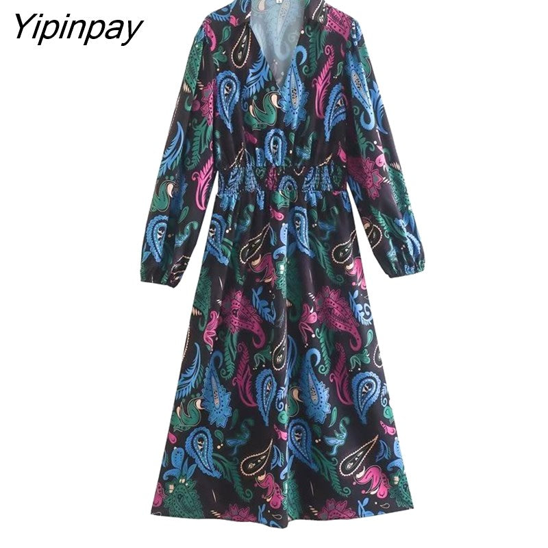 Yipinpay 2023 Elegant Women Printed Dresses Spring Autumn Fashion Ladies Party Mid-Calf Dresses Straight Long Sleeve Vestidos