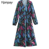 Yipinpay 2023 Elegant Women Printed Dresses Spring Autumn Fashion Ladies Party Mid-Calf Dresses Straight Long Sleeve Vestidos