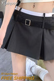 Yipinpay Belt Pleated Mini Skirt Women Korean Style Preppy Summer Patchwork High Waist Casual A-line Skirt Shorts Streetwear