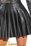 Yipinpay Women Solid Color Pleated Skirt, High Waist PU Leather Short Skirt for Clubs/ Parties, Black/ Wine Red