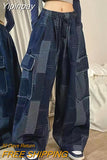 Yipinpay 2023 Woman Japanese Chic Wide Leg Pants Vintage Patchwork Plaid Pocket Trousers Streetwear Y2k Clothes Pantalon