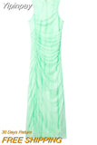 Yipinpay 2023 Woman Green Tulle Midi Dress Woman Tie Dye Bodycon Long Dress Women Ruched Summer Elegant Party Dresses For Women