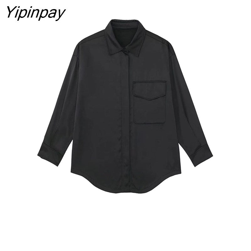 Yipinpay 2023 Spring Autumn Women Black Blouse Suit Oversized Fashion Single Breasted Pocket Top 2 Pcs Wide Leg Pants Street Outwear