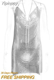 Yipinpay Gold Sequins Diamonds Sexy Night Party Dress Women Sleeveless Halter Backless Mini Dresses Femme Clubwear V-Neck Vestidos