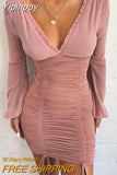 Yipinpay Mesh Patchwork Pleated Autumn Dress Women Deep V-Neck Long Sleeve Mini Sexy Bodycon Dresses Backless Party Vestidos 2023