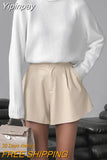 Yipinpay Elegant Beige Faux Leather Shorts Women Wide Leg Short Pants Elegant Flared Shorts High Waist Female PU Shorts 2023