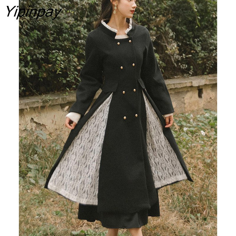 Yipinpay Autumn/Winter Woolen Dress Women New Patchwork Double Breasted Dress Female Elegant High Quality Long Sleeve Dress