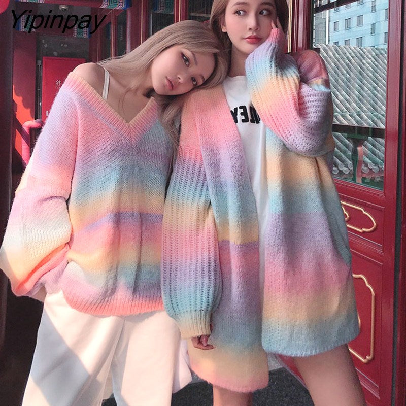 Yipinpay Winter Women Sweater V-neck Sweet Loose Knitted Cardigans Color Top Female Fashion Casual Pull Femme Hiver HOT