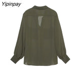 Yipinpay 2023 Thin Women Solid Blouses With Patch Pockets Spring Autumn Casual Long Sleeved Tops Summer Single Breasted T-Shirts