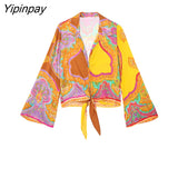 Yipinpay 2 Piece Set Women Summer Bow Tops And Sarong Skirts Elegant Printed Suits Long Sleeve Casual Turn Down Collar Shirts