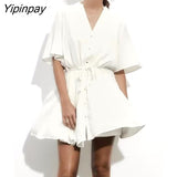 Yipinpay Newest Women Solid Mini Dresses With Lace 2023 Summer V-neck Short Sleeve Dresses Single Breasted Fashion A-line Vestidos