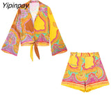 Yipinpay 2 Piece Set Women Summer Bow Tops And Sarong Skirts Elegant Printed Suits Long Sleeve Casual Turn Down Collar Shirts