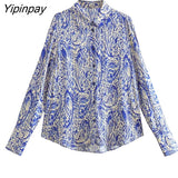 Yipinpay Fashion Women Print Blouses Shirt 2023 Summer Causal Long Sleeve Tops Vintage Turn Down Collar Single Breasted T-Shirts