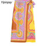 Yipinpay 2 Piece Set Women Summer Bow Tops And Sarong Skirts Elegant Printed Suits Long Sleeve Casual Turn Down Collar Shirts