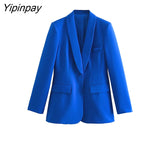 Yipinpay Fashion Spring Women Blue Blazer Suits Sets 2023 New Single Button Office Lady Jackets High Waisted Wide Leg Pants