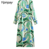 Yipinpay Elegant Summer Women Printed Mid-Calf Dresses 2023 Fashion Ladies Turn Down Collar Party Dress A-line Long Sleeve Vestidos