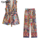 Yipinpay Spring Fashion Print Vest Coat With Belt 2023 New Two Pieces Long Pants Sets Casual Sleeveless Jackets Street Outwear