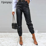 Yipinpay Women Casual High Waist with Belt PU Leather Patchwork Ankle Length Black Pencil Pants
