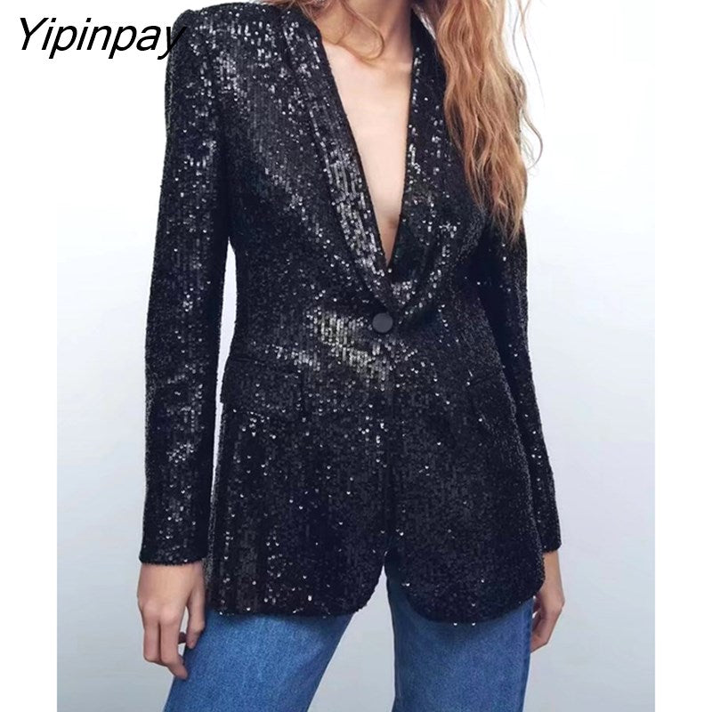 Yipinpay Women Beading Blazer Jackets 2023 Autumn Winter Notched Office Outfits Pockets Coats Single Button Long Sleeve Chic Outwear